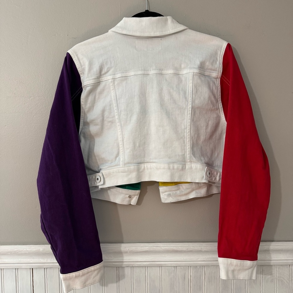 “SOLD” Torrid Always Proud White Denim Jacket Cropped Rainbow Color Block - Picture 3 of 9